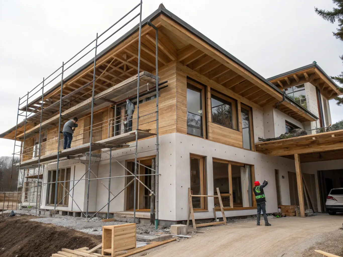 A picturesque image of a modern coastal home under construction, showcasing high-quality building materials and expert craftsmanship. The scene emphasizes sustainable and stylish coastal living.