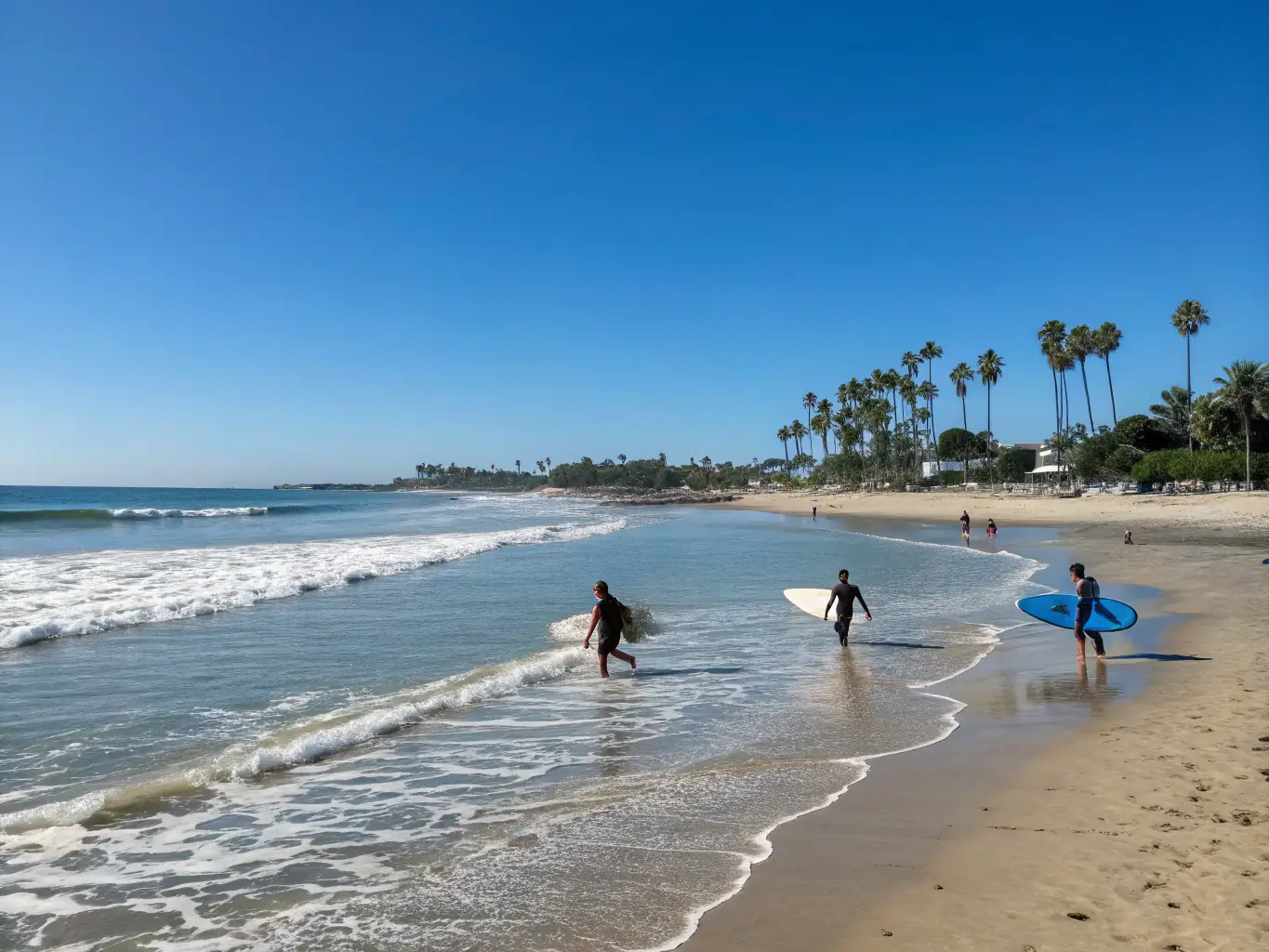 A group of people enjoying various waterside activities such as surfing, paddleboarding, and relaxing on a beach, illustrating the waterside lifestyle resources.
