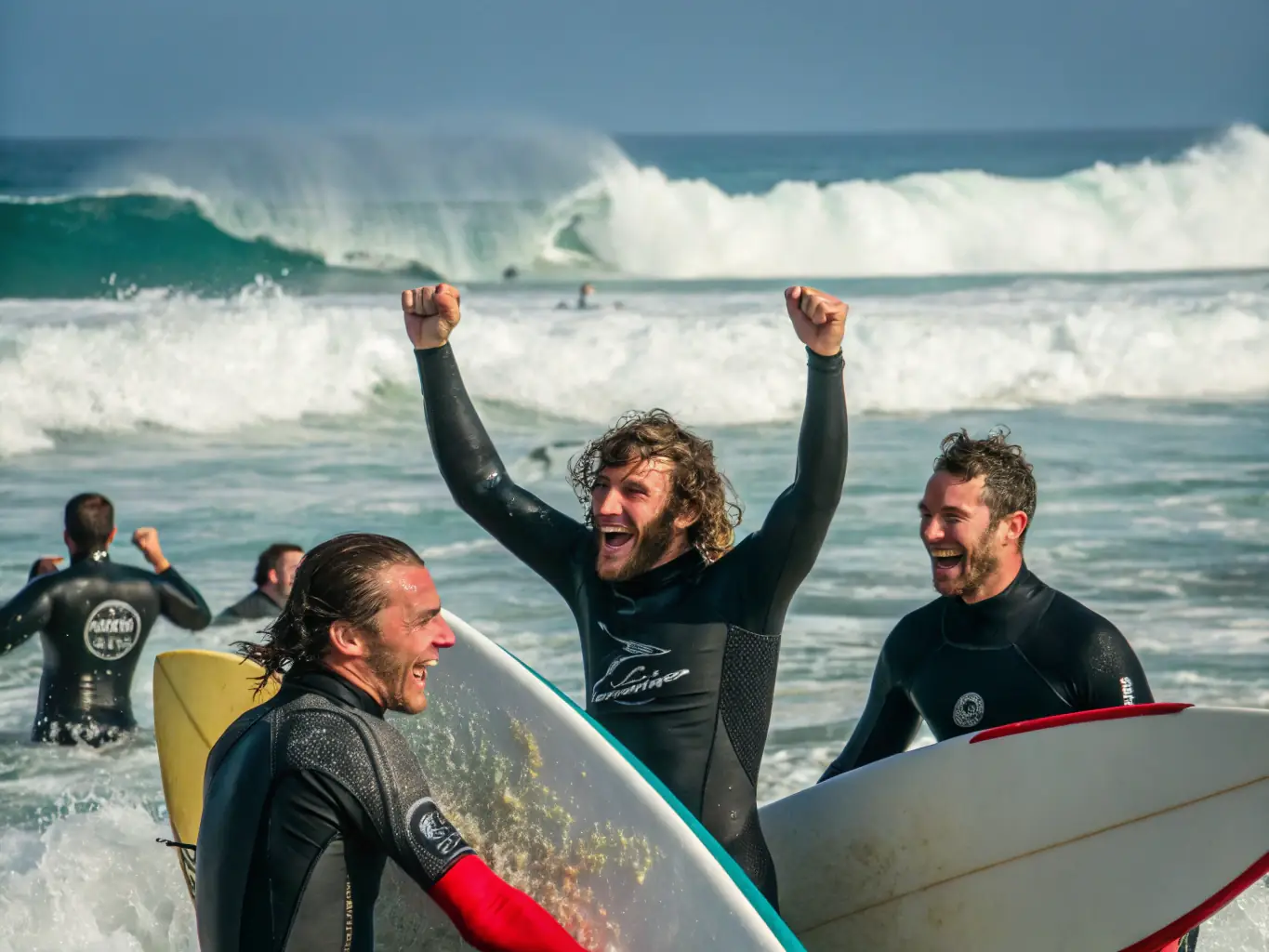 A vibrant image of a group of people learning to surf at a sunny beach, with a surf school's van parked nearby. The scene captures the excitement and joy of surfing.